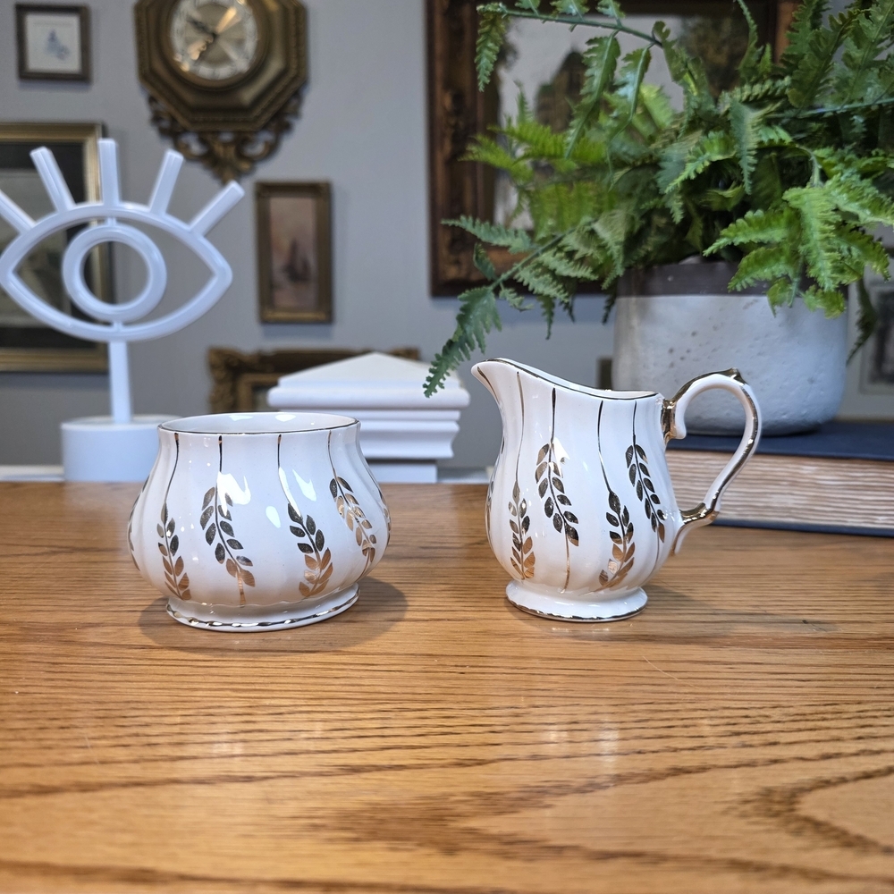 Vintage Sadler England White & Gold Wheat Creamer and Open Sugar Bowl Set